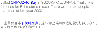     called CHIYOZAKI Bay in SUZUKA City, JAPAN. That city is famouse for F-1 motor car race. There were more people than than of last year 2000